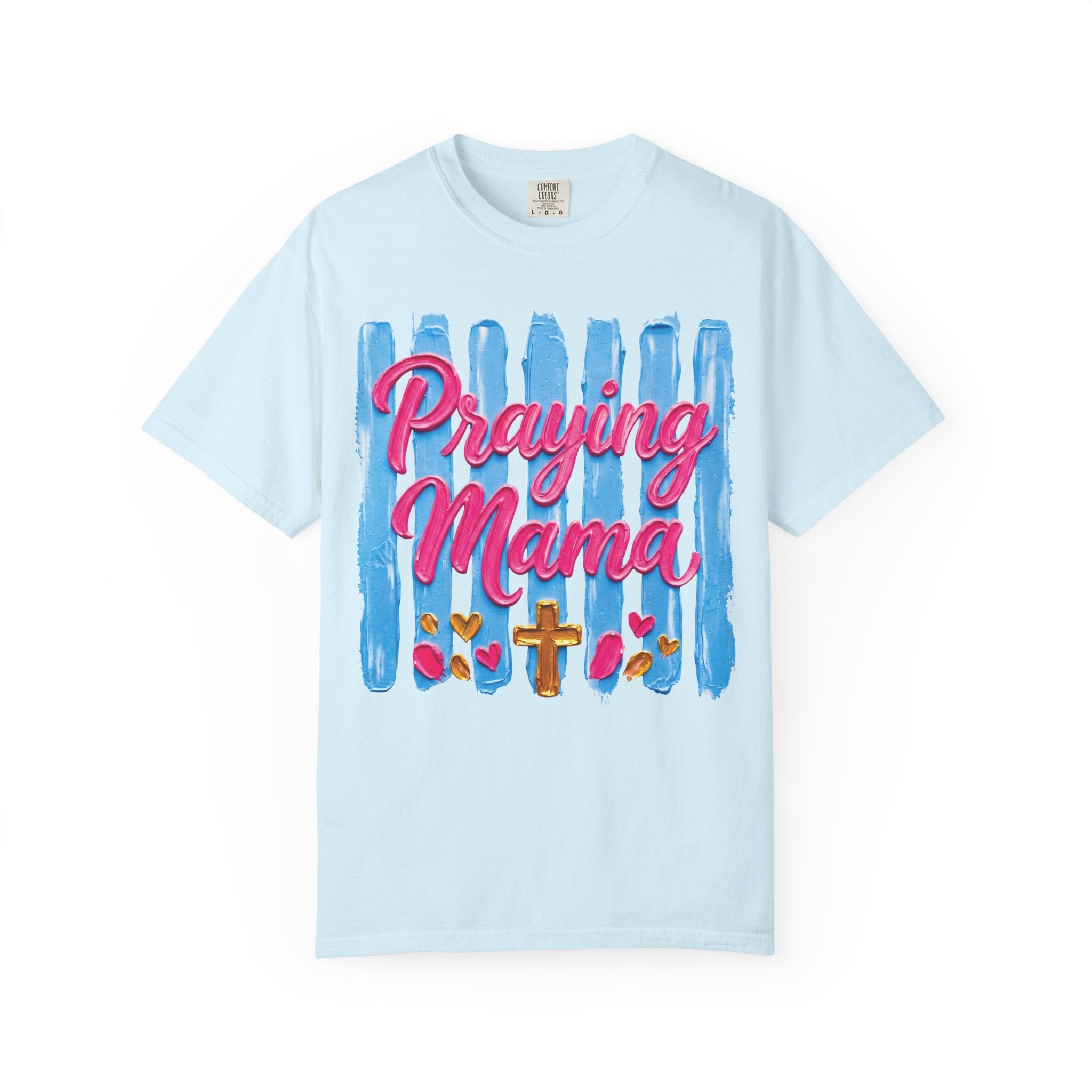 Praying Mama T-shirt | Christian Cross, Hearts, Blue Brushstroke