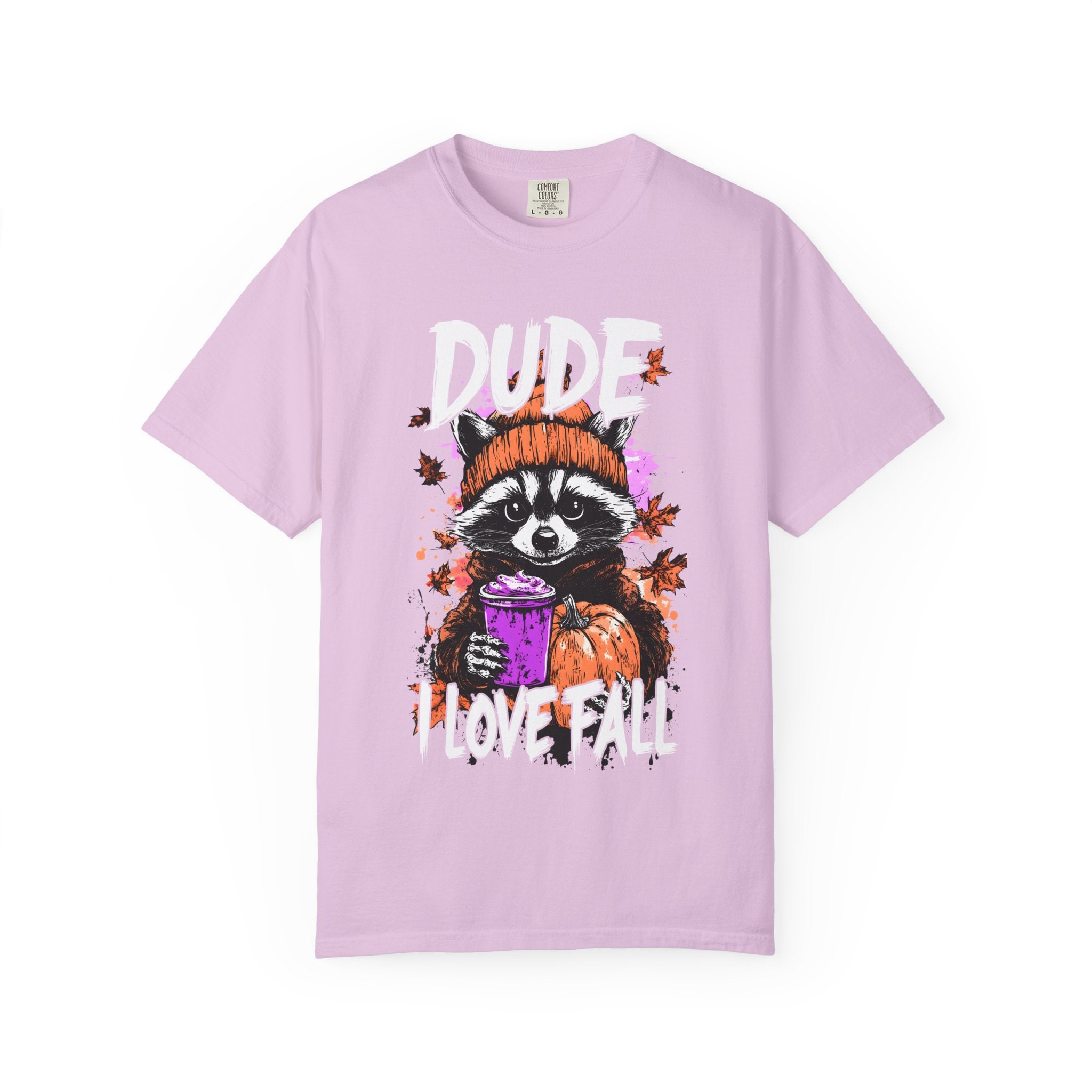 Raccoon with Pumpkin and Coffee Dude I Love Fall T-shirt | Autumn Graphic Tee