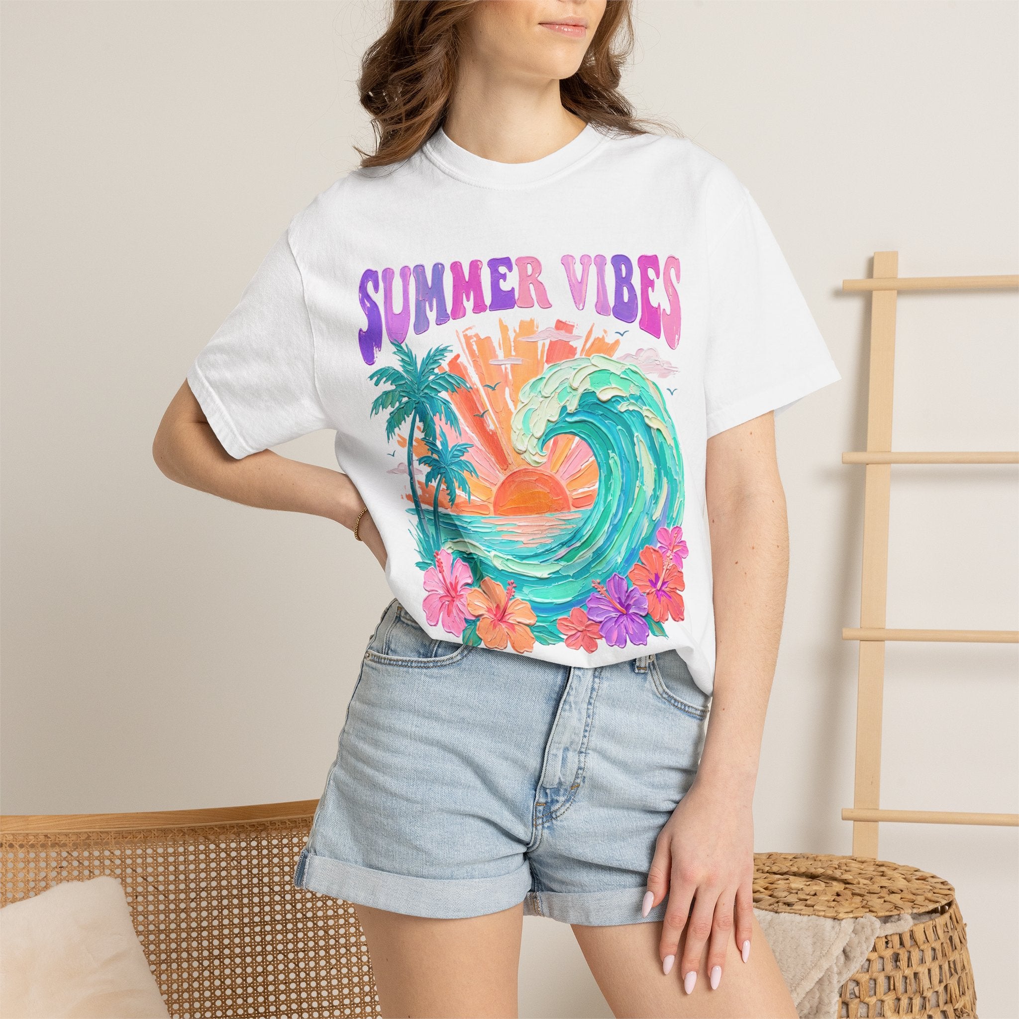 Summer Vibes Wave T-Shirt | Tropical Palm Sunset Hibiscus Beach lover tee