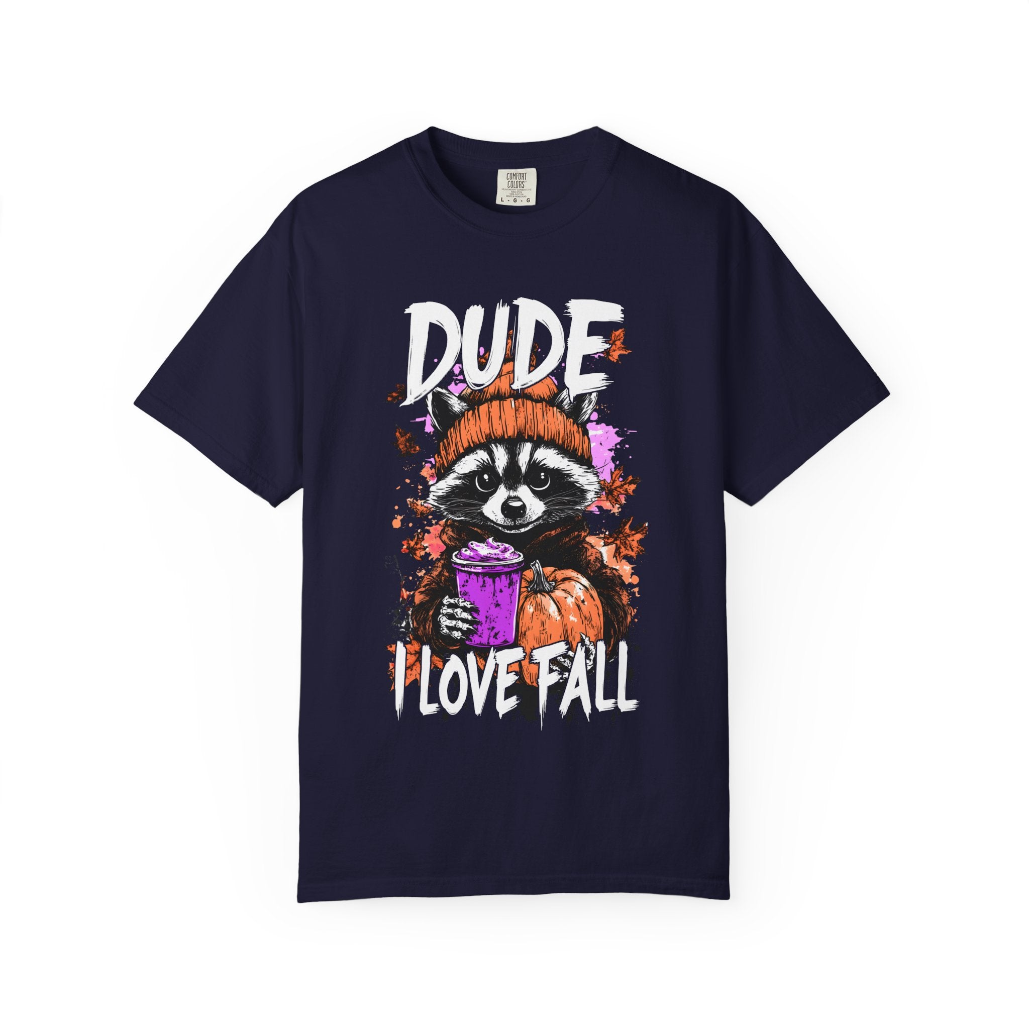 Raccoon with Pumpkin and Coffee Dude I Love Fall T-shirt | Autumn Graphic Tee