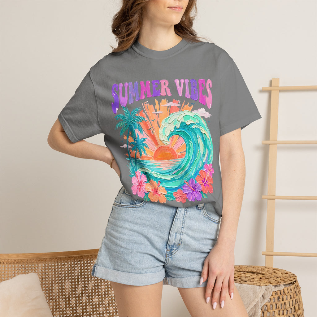 Summer Vibes Wave T-Shirt | Tropical Palm Sunset Hibiscus Beach lover tee