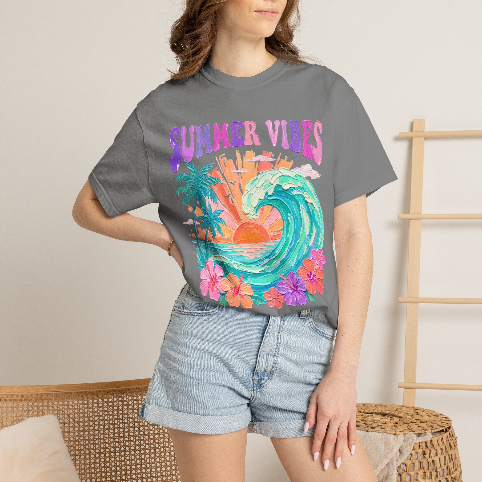Summer Vibes Wave T-Shirt | Tropical Palm Sunset Hibiscus Beach lover tee