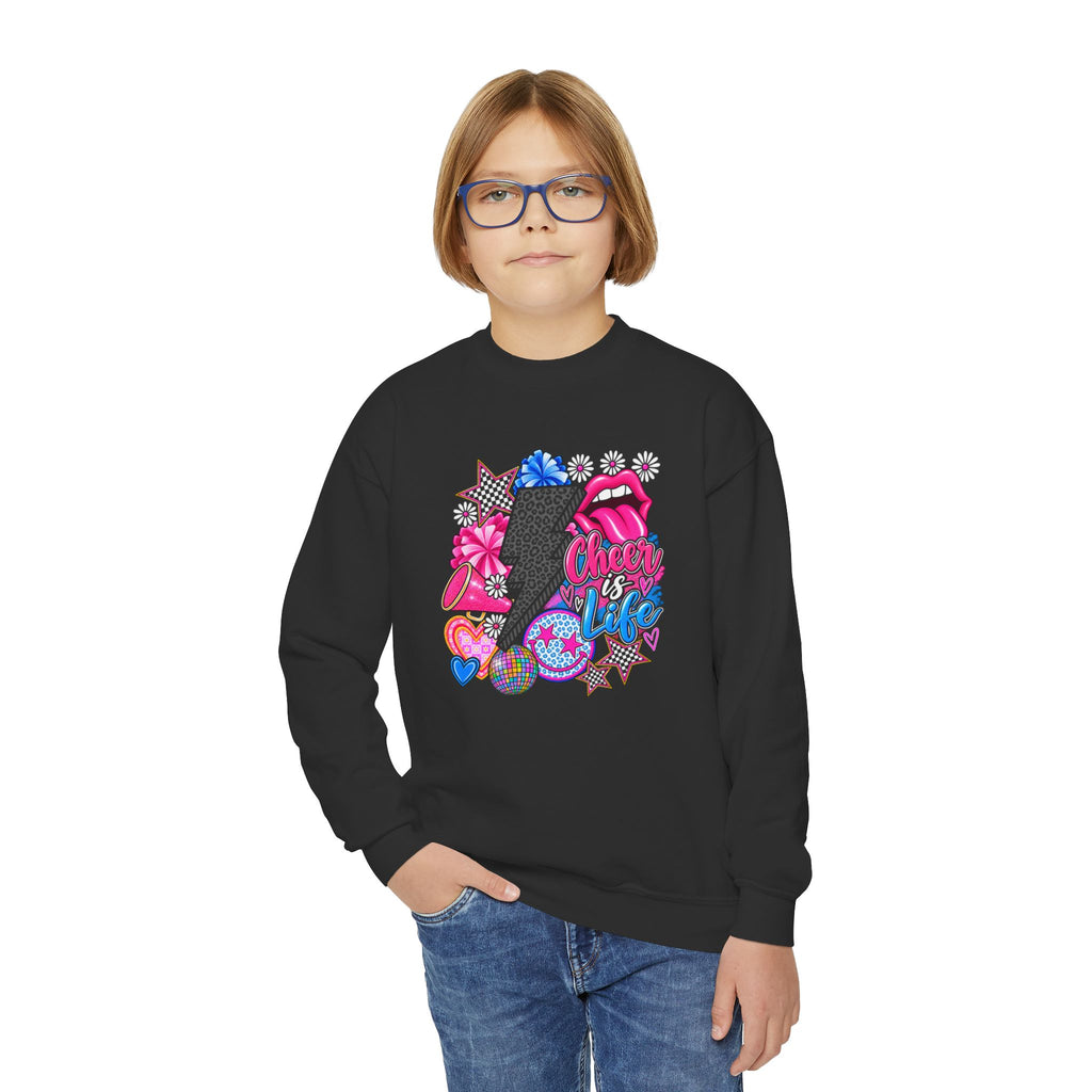 Youth Crewneck Sweatshirt — Sparkly Lip & Emoji cheer is life Graphic Pullover