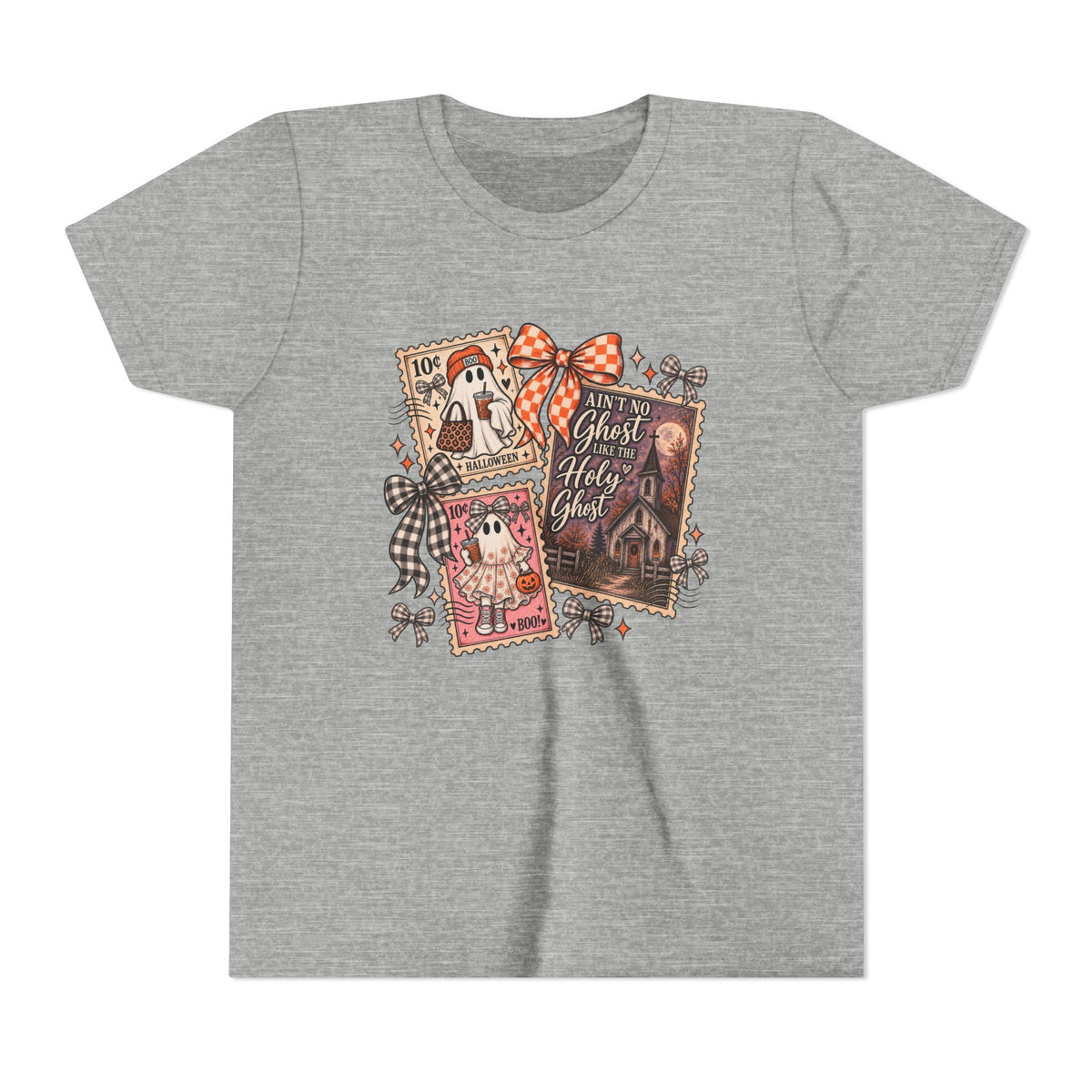 Youth Halloween Postage Stamp Tee — "Ain't No Ghosts Like Our Ghost" Retro Spooky Kids Shirt