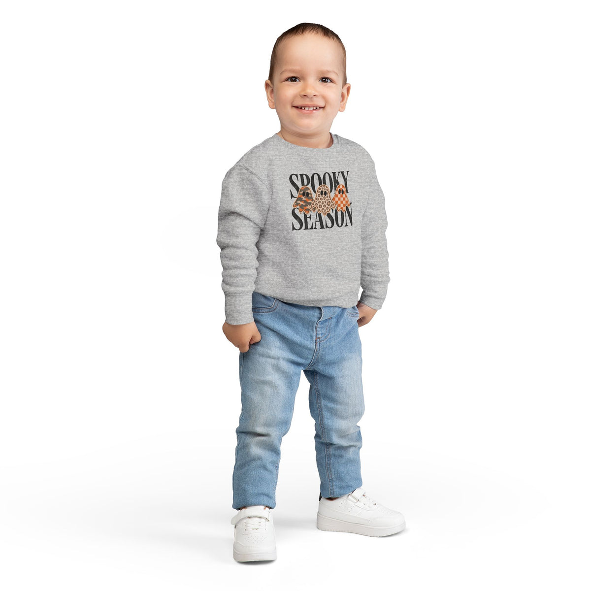 Toddler Sweatshirt — "Spooky Season" Ghosts Leopard & Plaid Fall Halloween Pullover