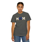 Mom Cheer support T-Shirt — "MOM" with Blue bow & Personalized Back Print