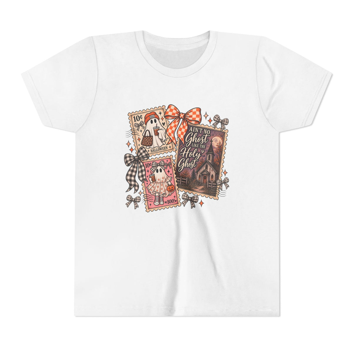 Youth Halloween Postage Stamp Tee — "Ain't No Ghosts Like Our Ghost" Retro Spooky Kids Shirt
