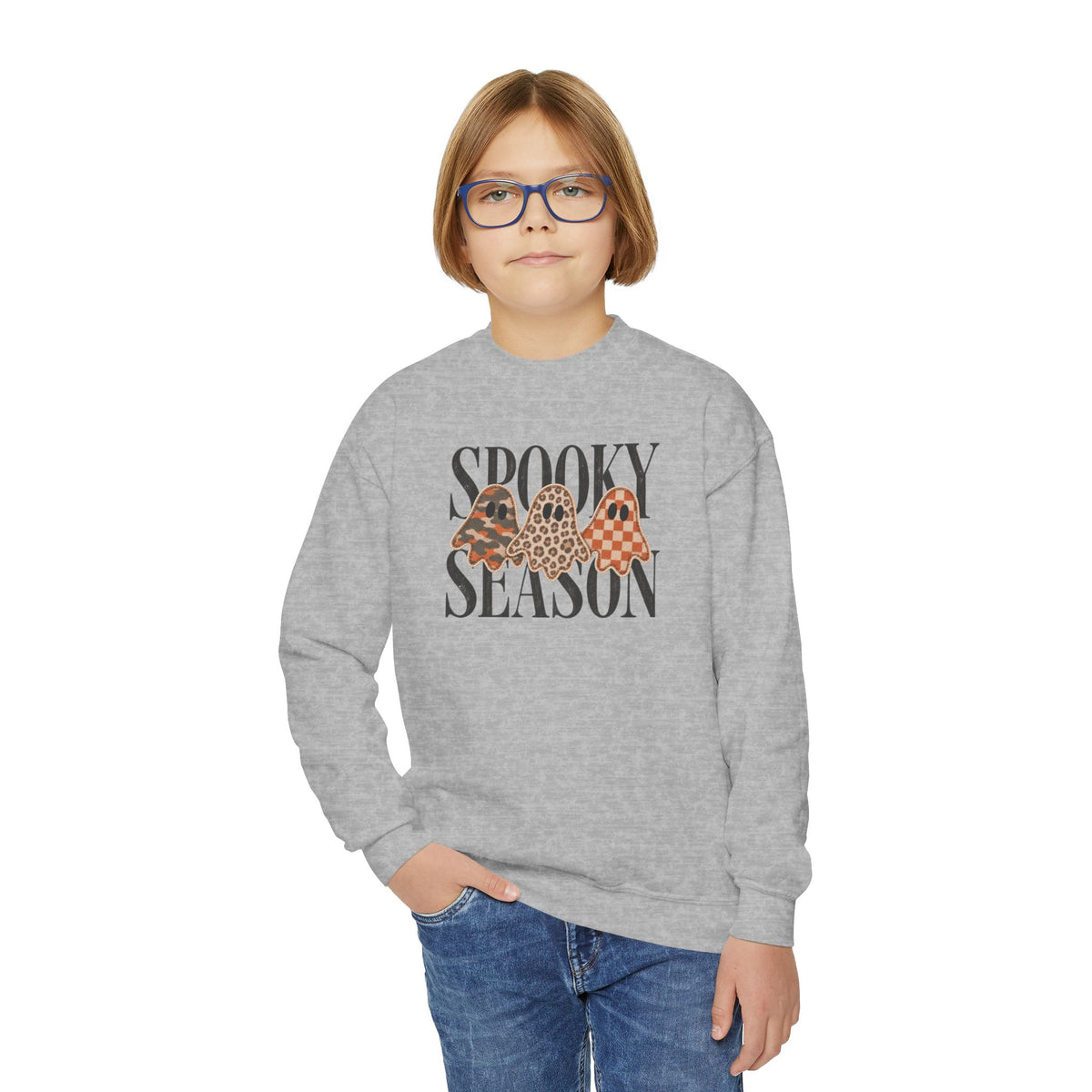 Youth Crewneck Sweatshirt — "Spooky Season" Halloween Ghosts with Leopard & Plaid Accents