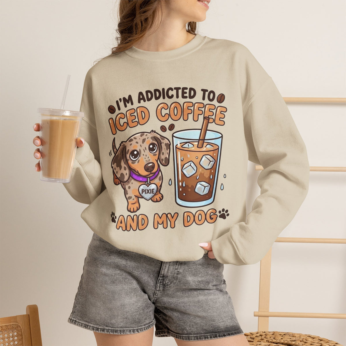 Gildan sweatshirt addicted to iced coffee and my dog
