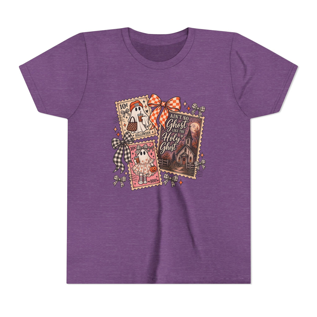 Youth Halloween Postage Stamp Tee — "Ain't No Ghosts Like Our Ghost" Retro Spooky Kids Shirt