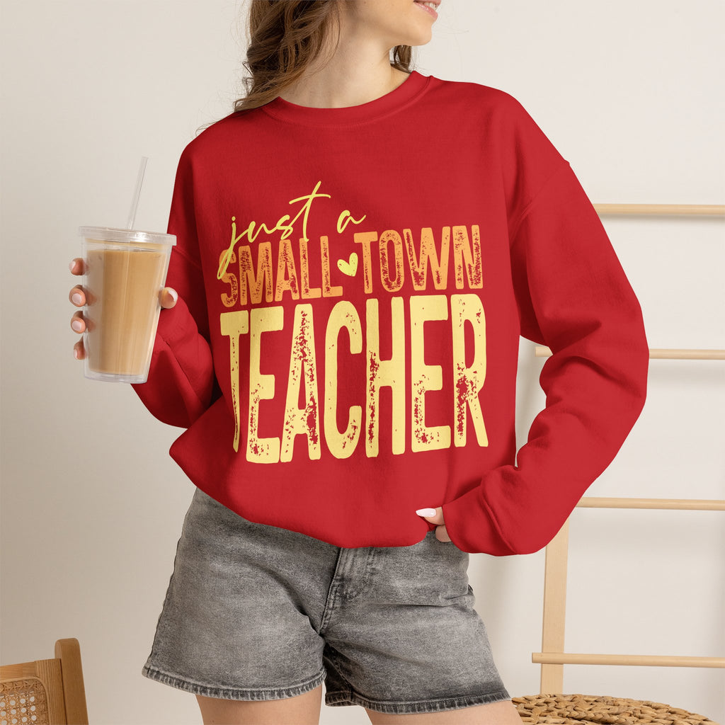 Small‑Town Teacher Sweatshirt | Cozy Crewneck for Educators | Distressed Yellow & Orange Lettering