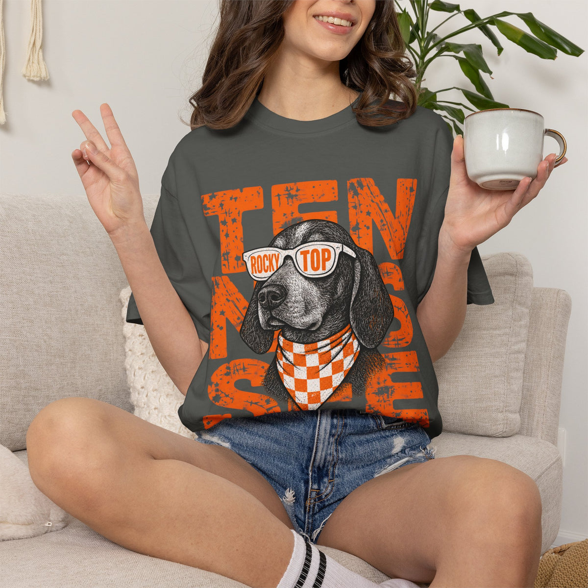 Smokey football dog with Sunglasses and Bandana T-Shirt | Tennessee Vintage Text