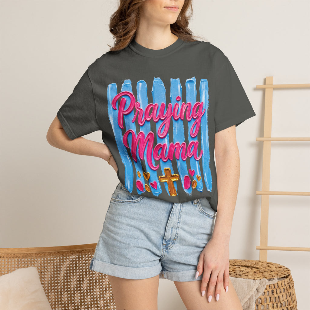 Praying Mama T-shirt | Christian Cross, Hearts, Blue Brushstroke