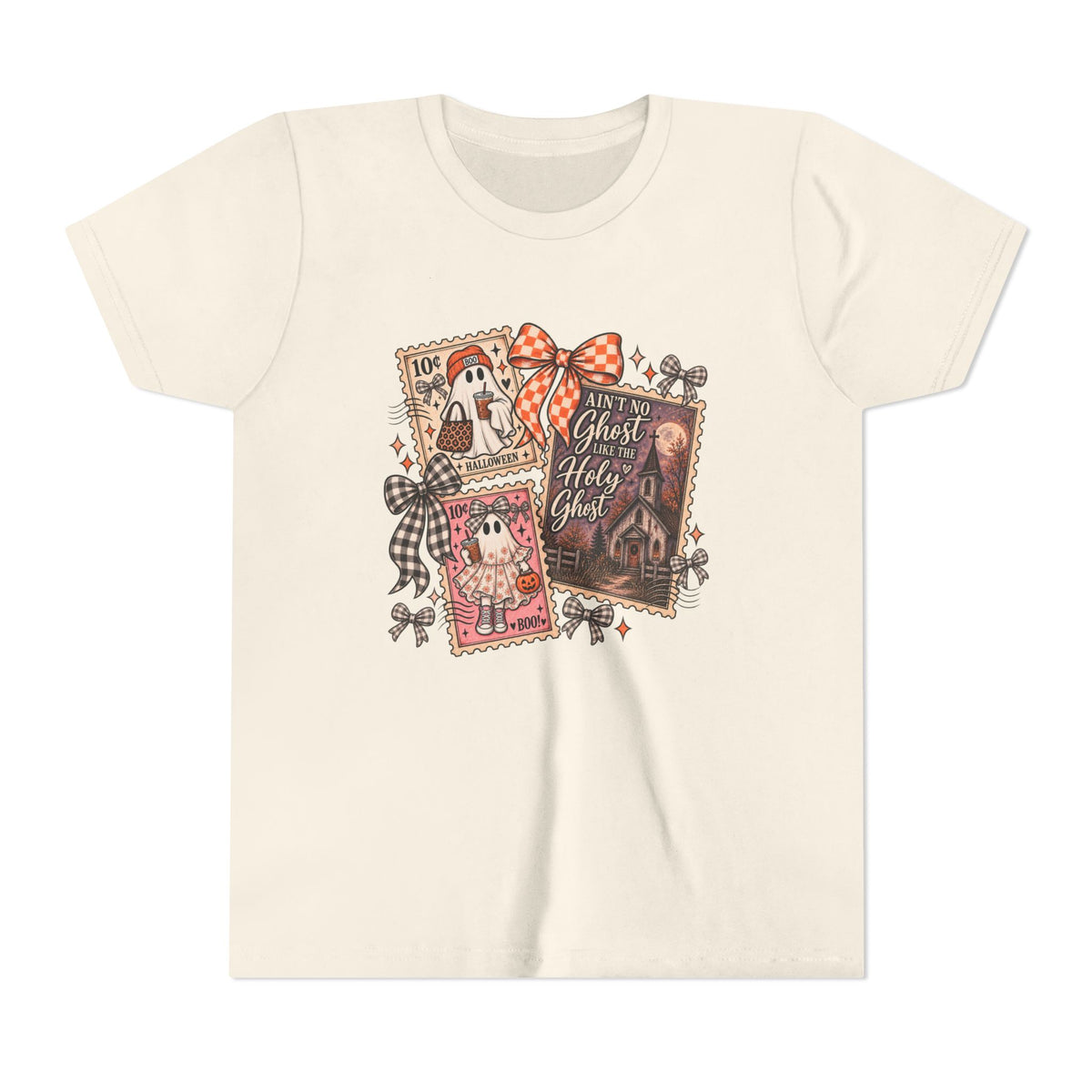 Youth Halloween Postage Stamp Tee — "Ain't No Ghosts Like Our Ghost" Retro Spooky Kids Shirt
