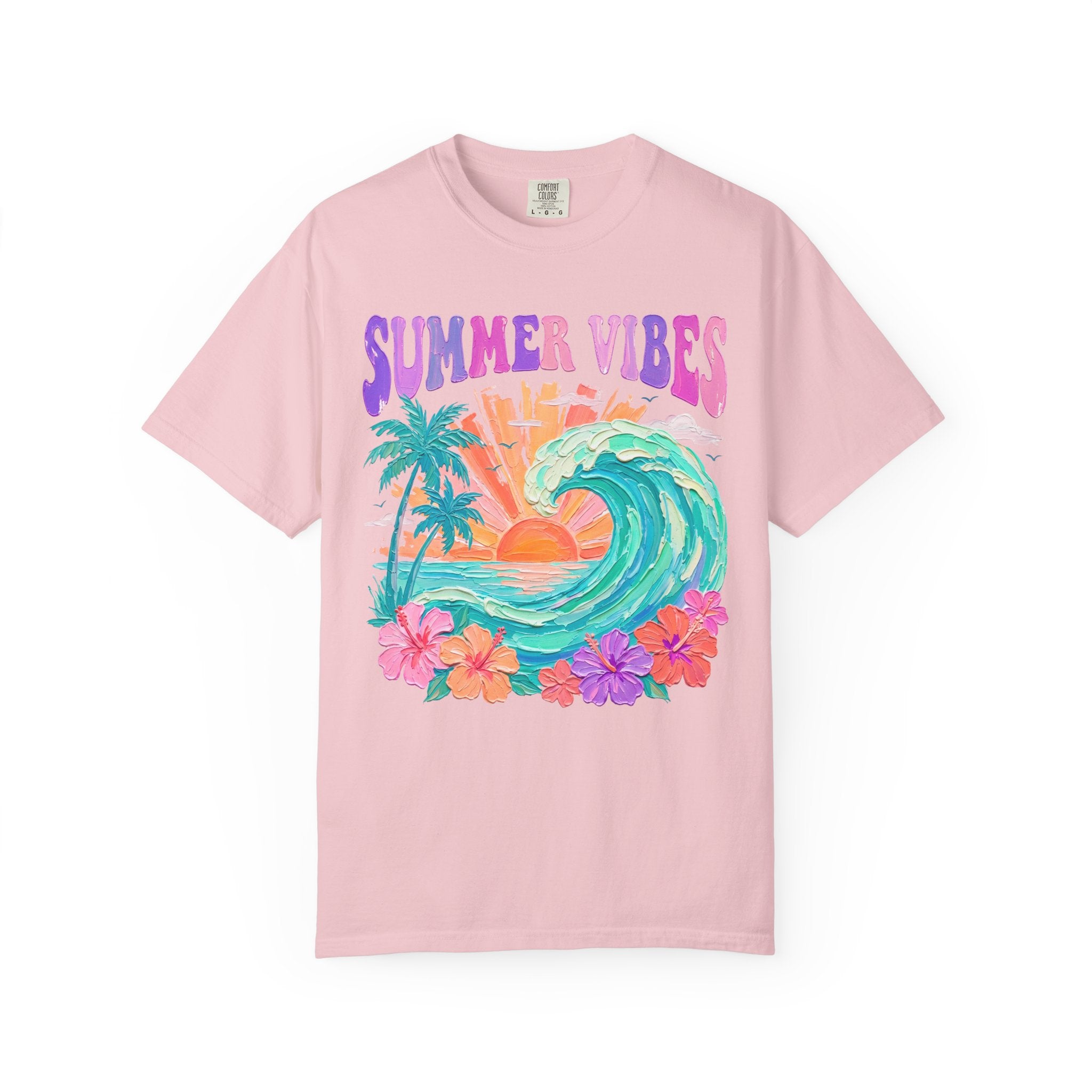 Summer Vibes Wave T-Shirt | Tropical Palm Sunset Hibiscus Beach lover tee