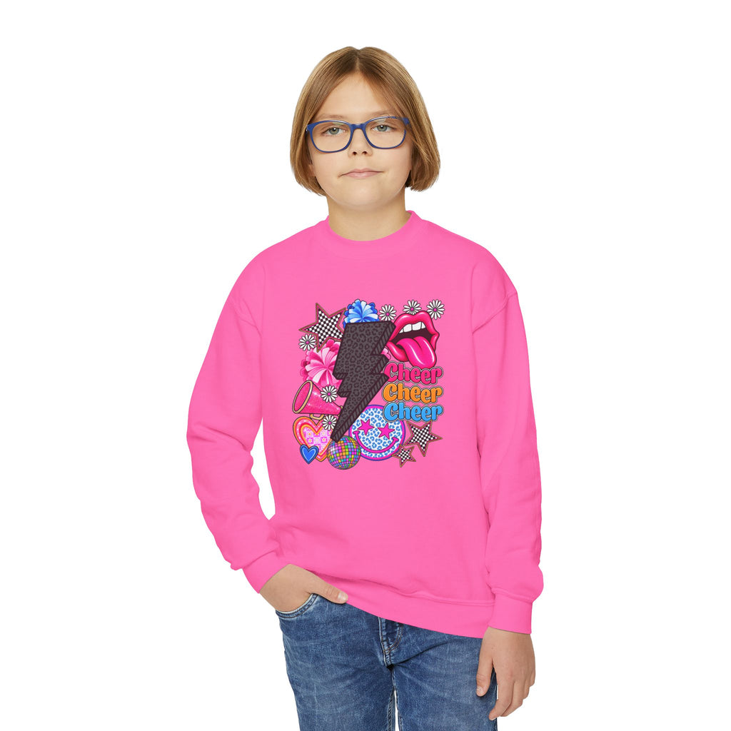 Youth Crewneck Sweatshirt - Retro Glam Lightning Bolt Graphic with 'Queen' Pop Art