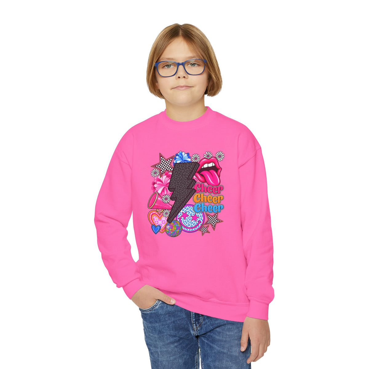 Youth Crewneck Sweatshirt - Retro Glam Lightning Bolt Graphic with 'Queen' Pop Art