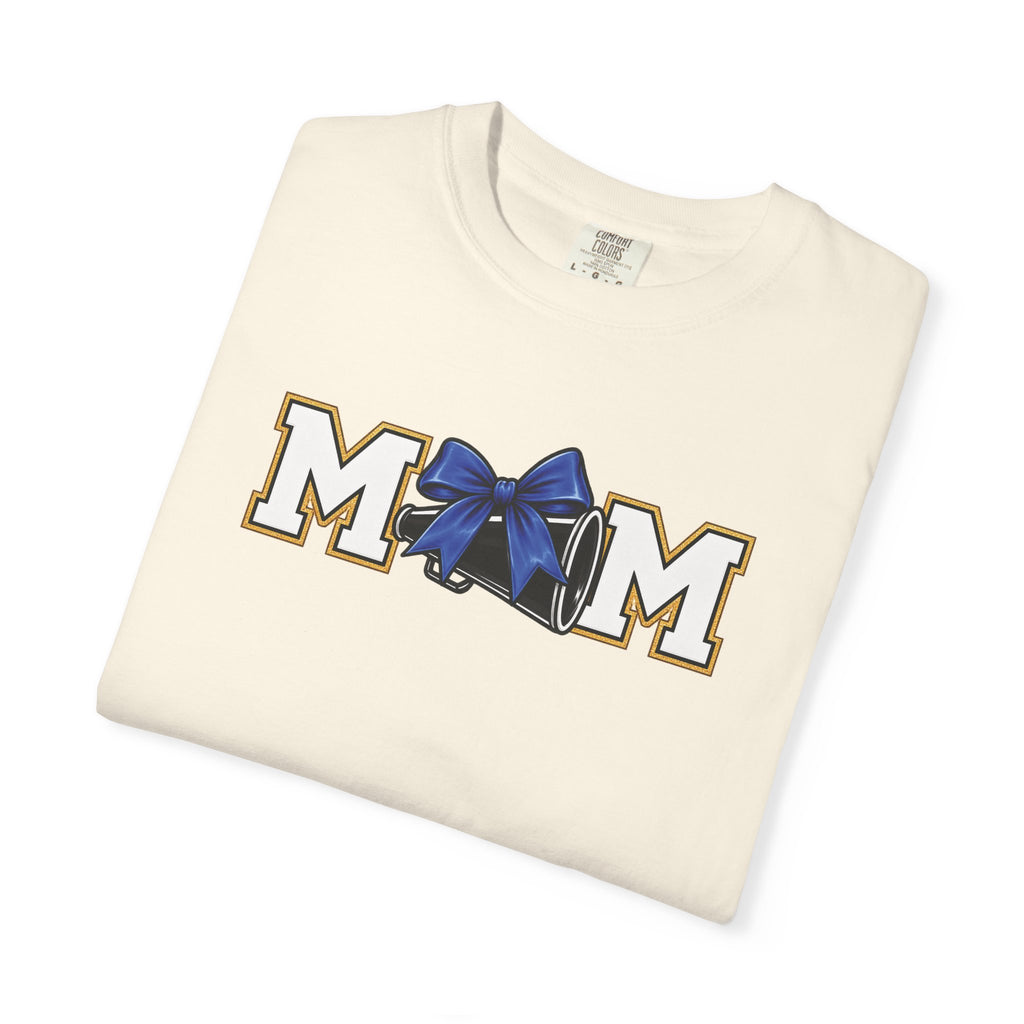 Mom Cheer support T-Shirt — "MOM" with Blue bow & Personalized Back Print
