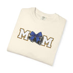 Mom Cheer support T-Shirt — "MOM" with Blue bow & Personalized Back Print