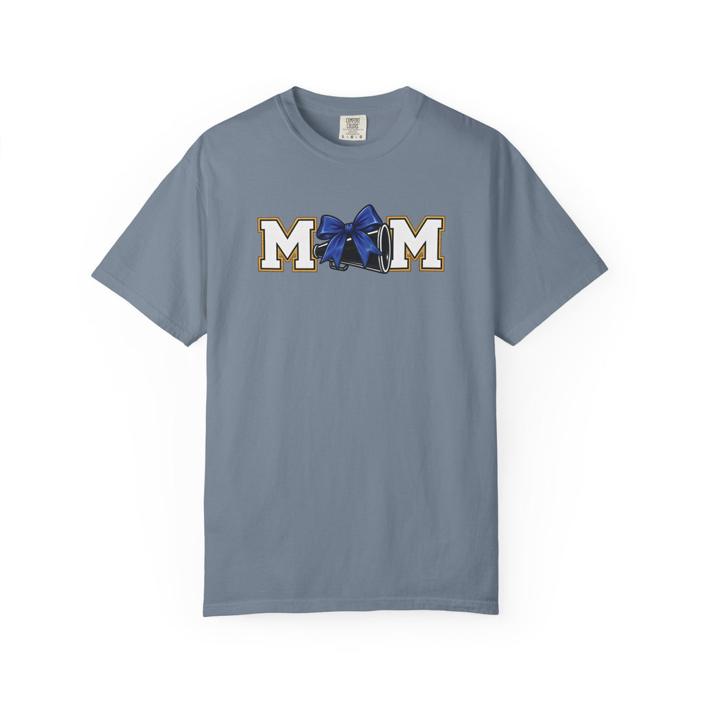 Mom Cheer support T-Shirt — "MOM" with Blue bow & Personalized Back Print