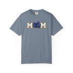 Mom Cheer support T-Shirt — "MOM" with Blue bow & Personalized Back Print