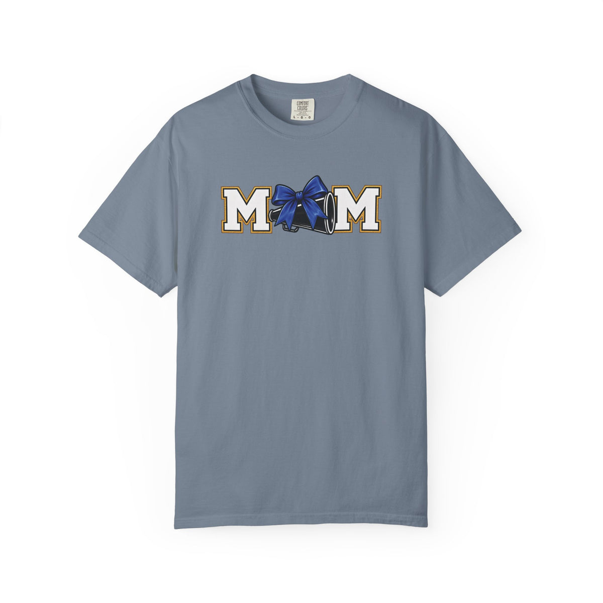 Mom Cheer support T-Shirt — "MOM" with Blue bow & Personalized Back Print