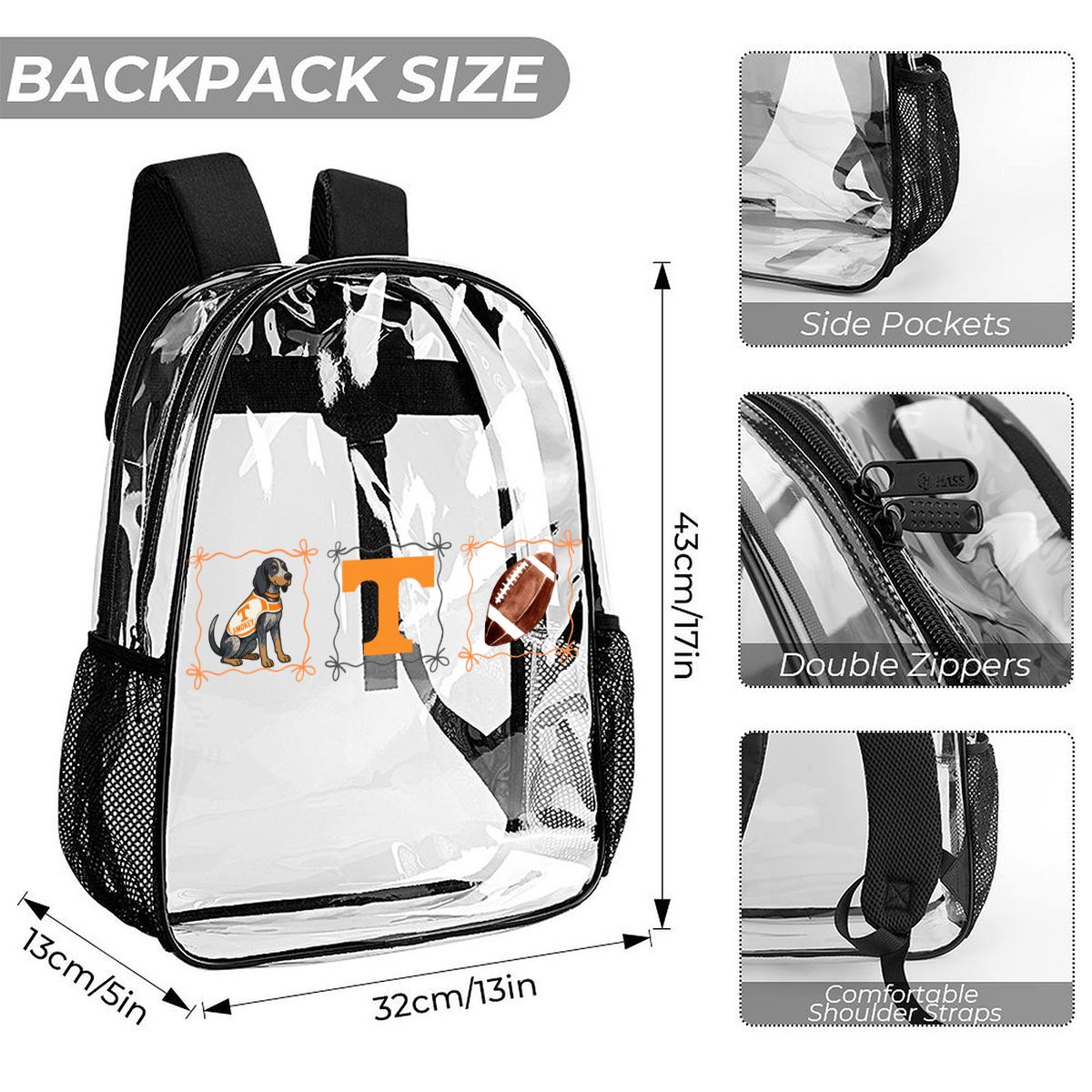 Clear Backpack 3Piece Set Tennessee Vols  Smokey Preppy Bow