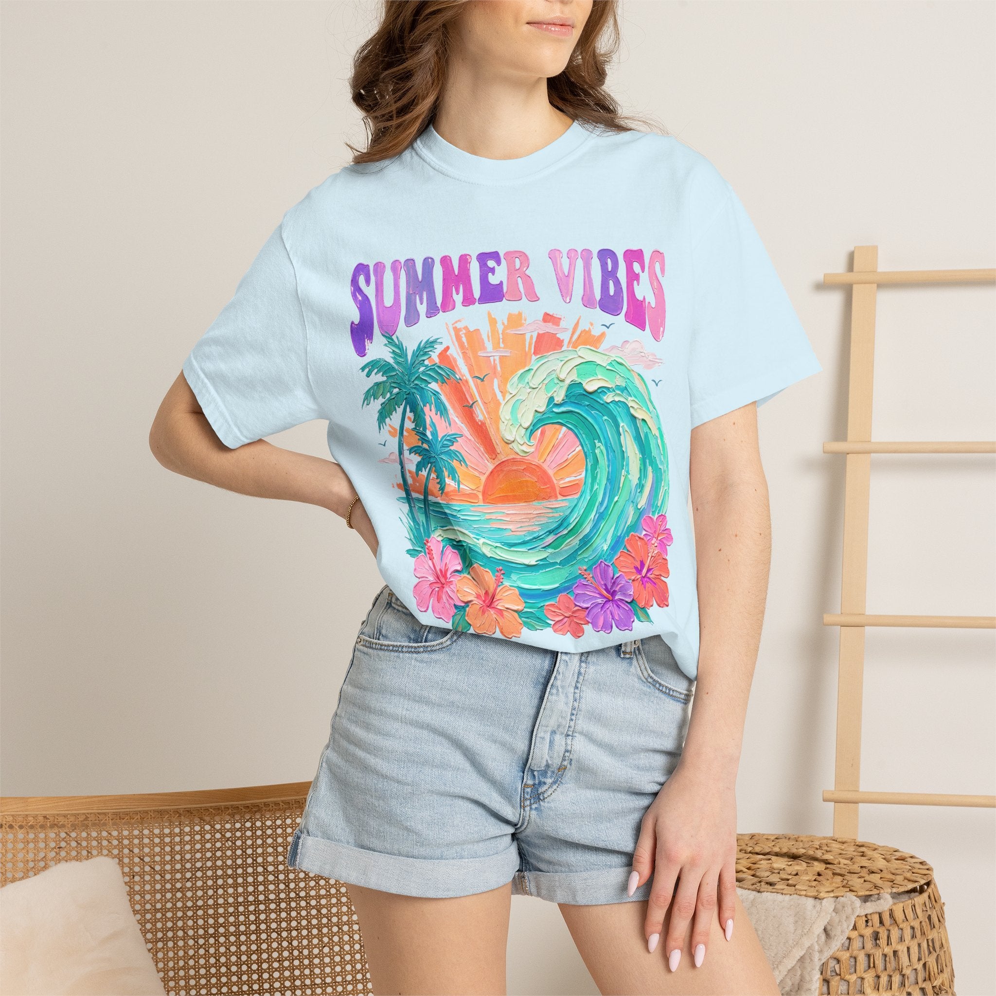 Summer Vibes Wave T-Shirt | Tropical Palm Sunset Hibiscus Beach lover tee
