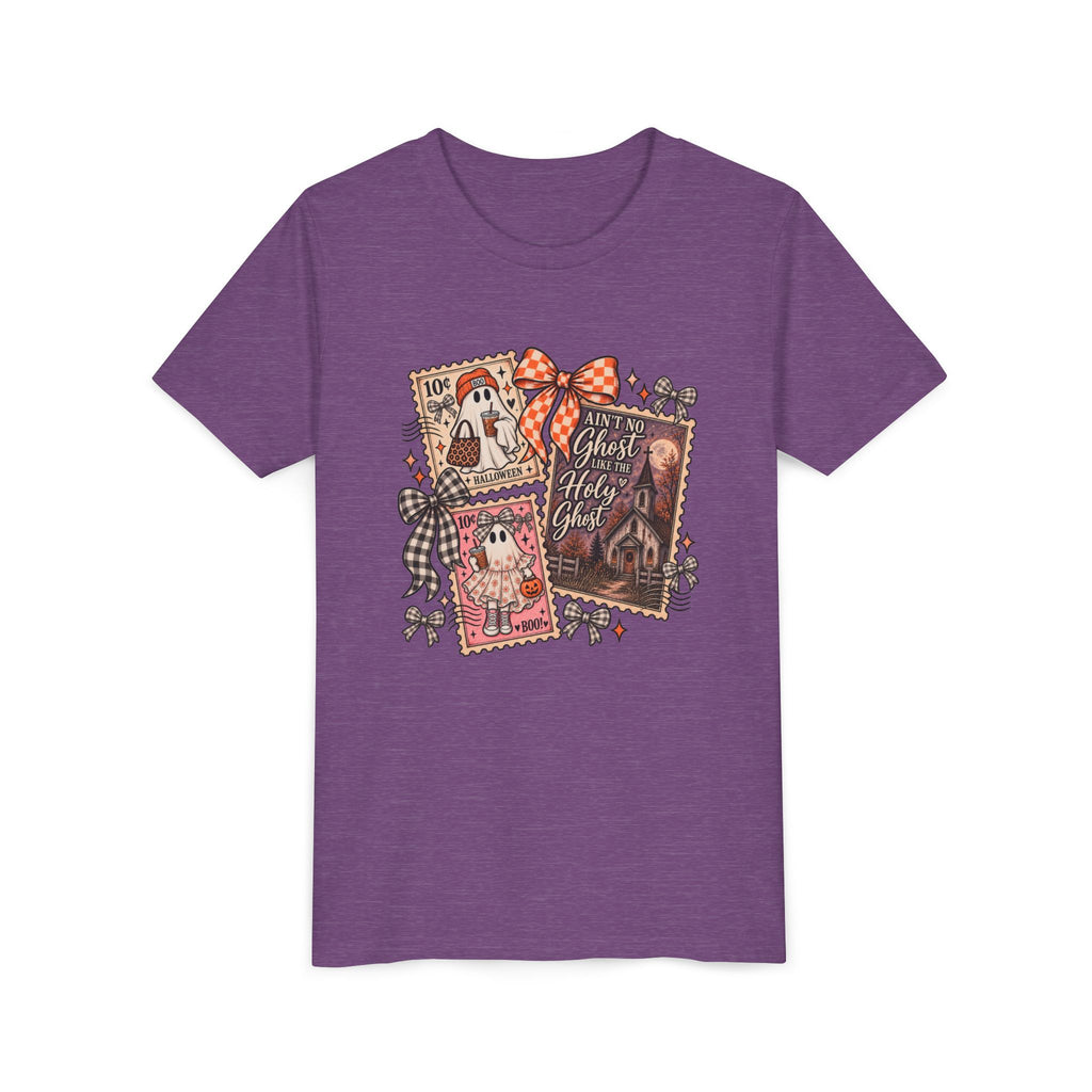 Youth Halloween Postage Stamp Tee — "Ain't No Ghosts Like Our Ghost" Retro Spooky Kids Shirt