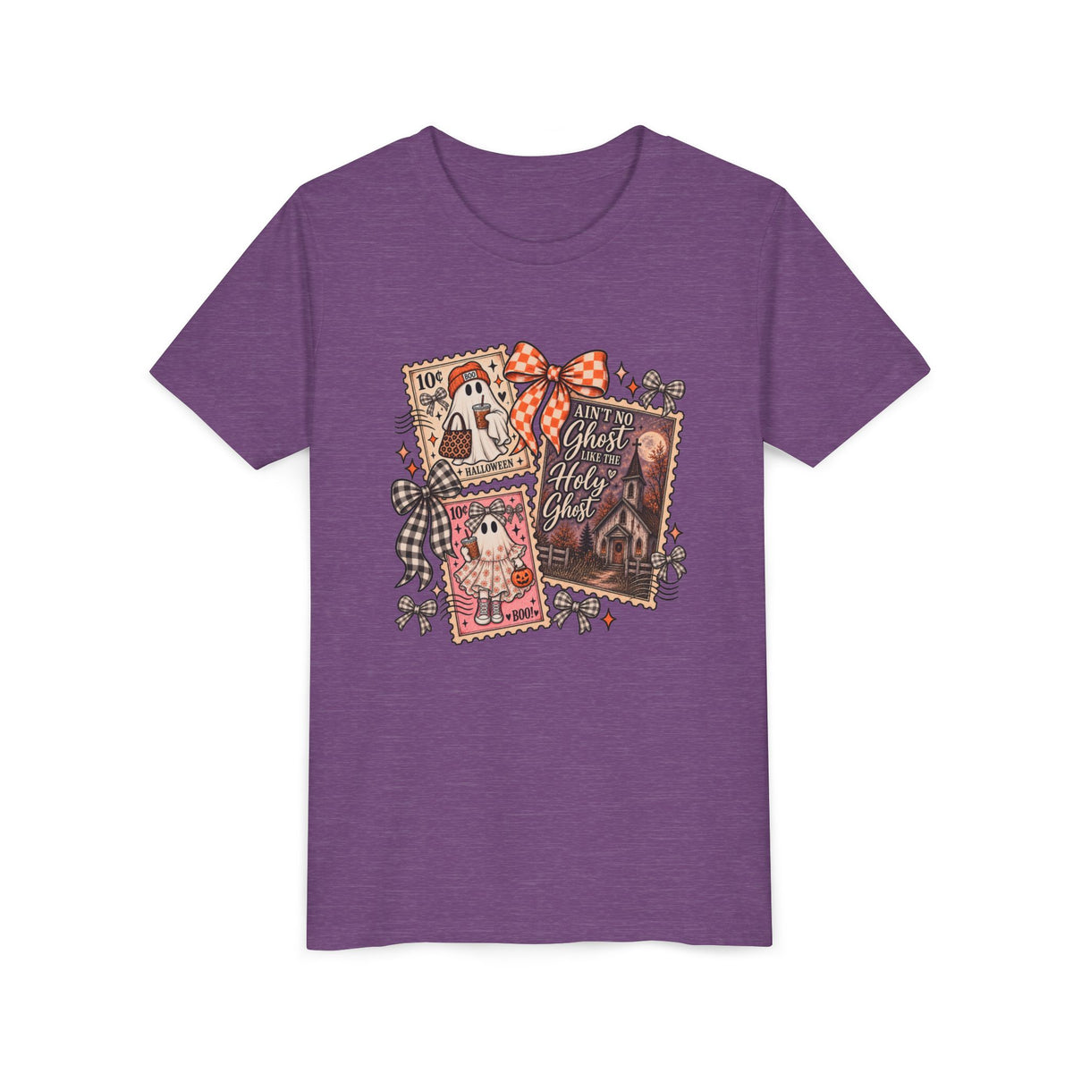 Youth Halloween Postage Stamp Tee — "Ain't No Ghosts Like Our Ghost" Retro Spooky Kids Shirt