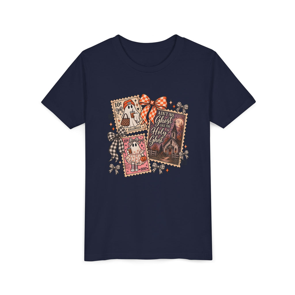 Youth Halloween Postage Stamp Tee — "Ain't No Ghosts Like Our Ghost" Retro Spooky Kids Shirt