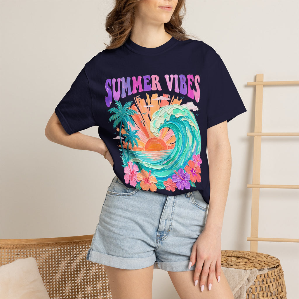Summer Vibes Wave T-Shirt | Tropical Palm Sunset Hibiscus Beach lover tee