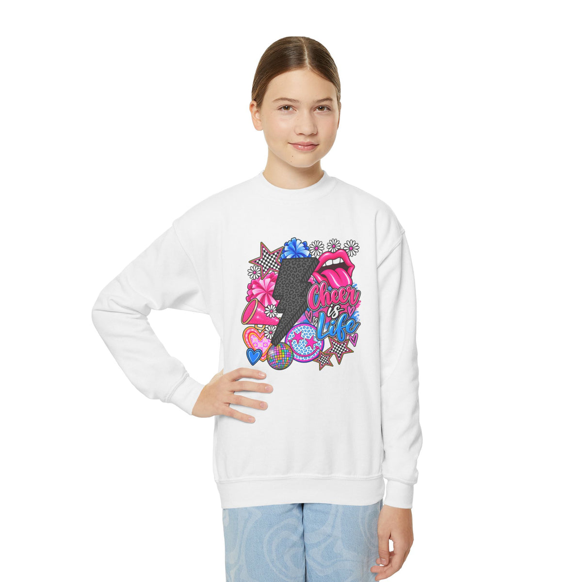 Youth Crewneck Sweatshirt — Sparkly Lip & Emoji cheer is life Graphic Pullover