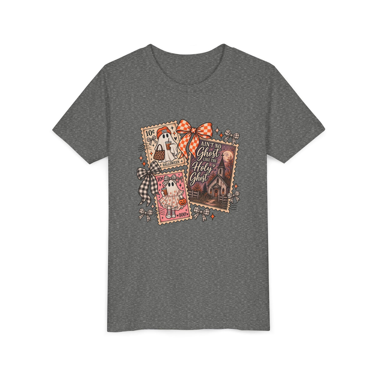 Youth Halloween Postage Stamp Tee — "Ain't No Ghosts Like Our Ghost" Retro Spooky Kids Shirt