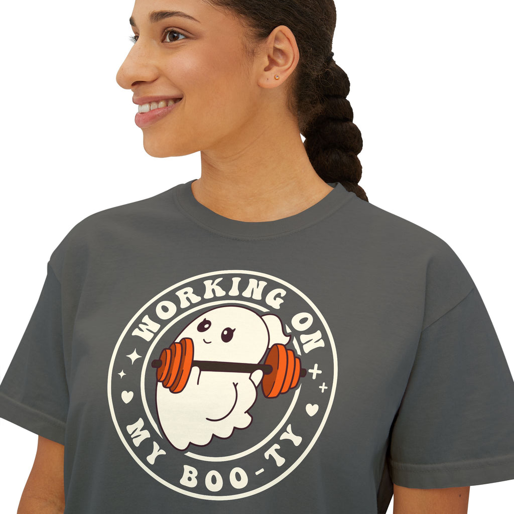 Women's Boxy Tee — Cute 'Working on My Boo-ty Ghost Weightlifting Fitness Shirt
