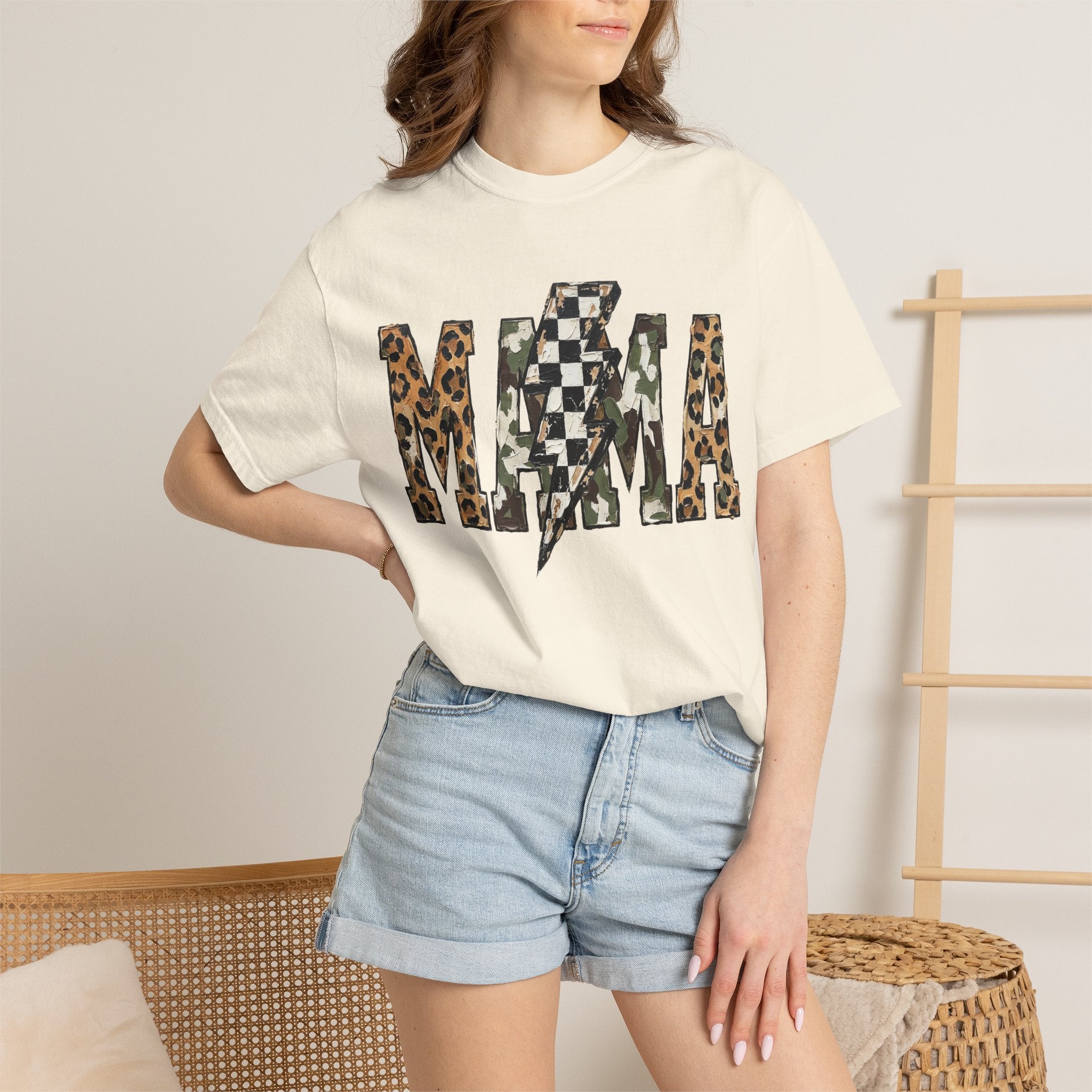 MAMA Lightning Bolt Leopard Check T-Shirt | Mama Tee