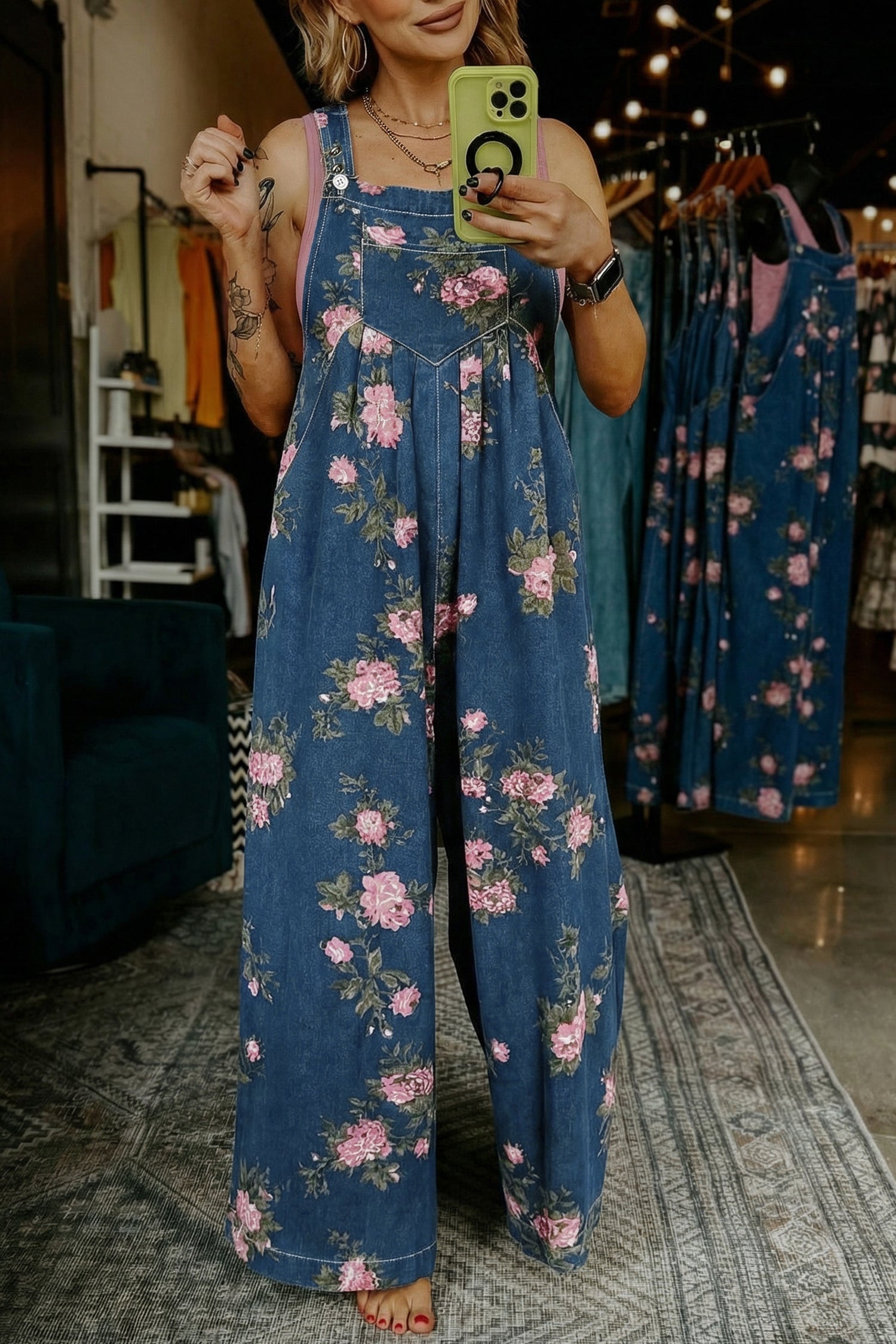 Beau Blue Floral Print Pleated High Waist Wide Leg Denim Jumpsuit