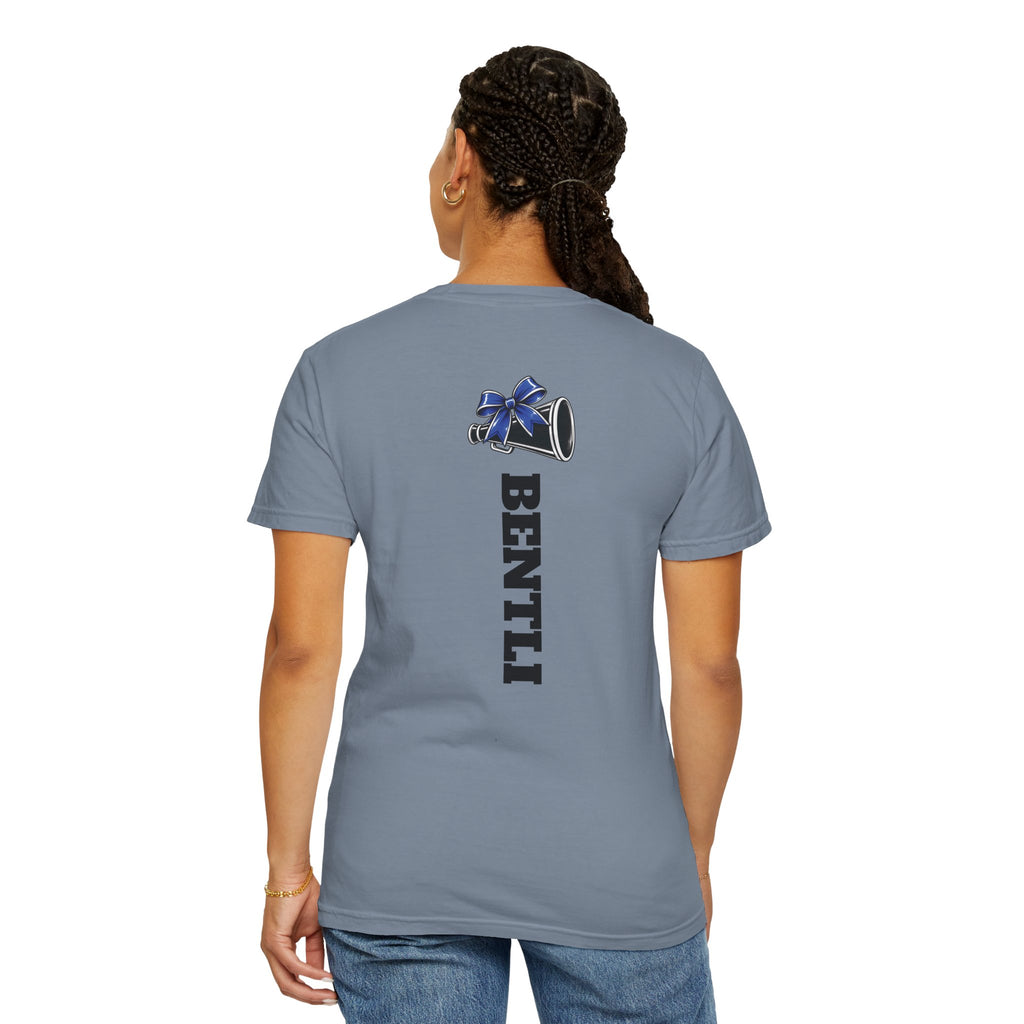 Mom Cheer support T-Shirt — "MOM" with Blue bow & Personalized Back Print