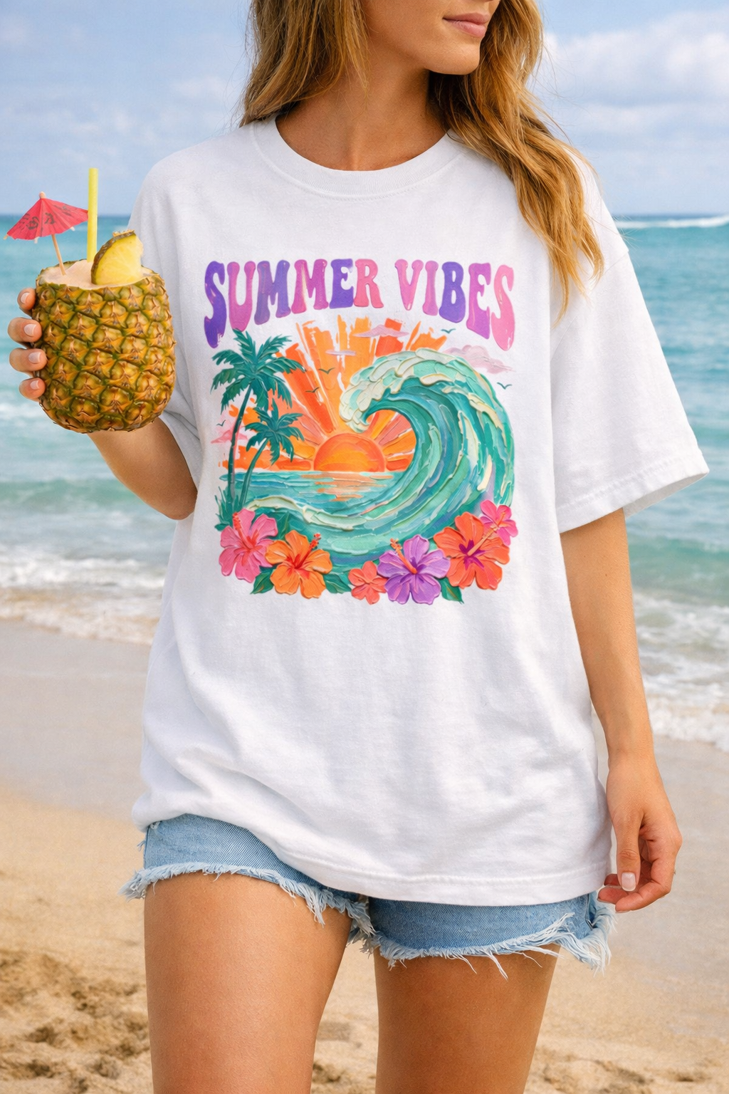Summer Vibes Wave T-Shirt | Tropical Palm Sunset Hibiscus Beach lover tee
