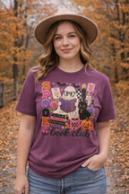 Spooky Book Club T-shirt | Halloween Reading Cat Owl Pumpkin