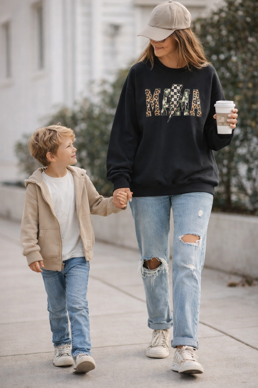 Neutral Street Style MAMA Sweatshirt | Leopard & Camouflage Lightning Bolt Graphic | Cozy Mom Crewneck