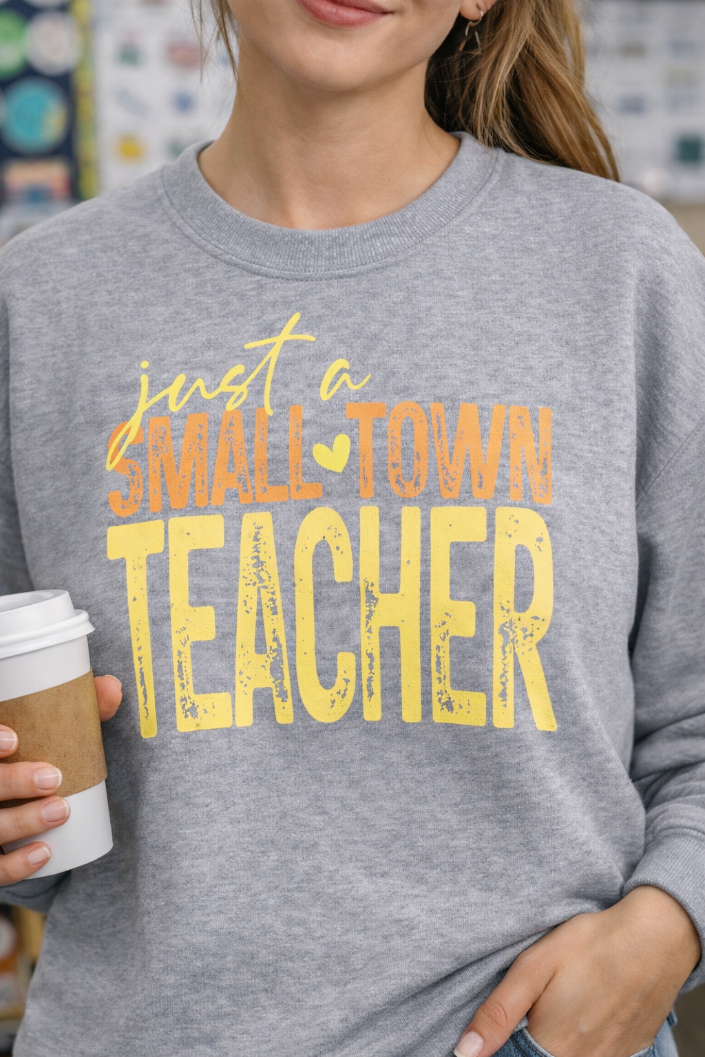 Small‑Town Teacher Sweatshirt | Cozy Crewneck for Educators | Distressed Yellow & Orange Lettering