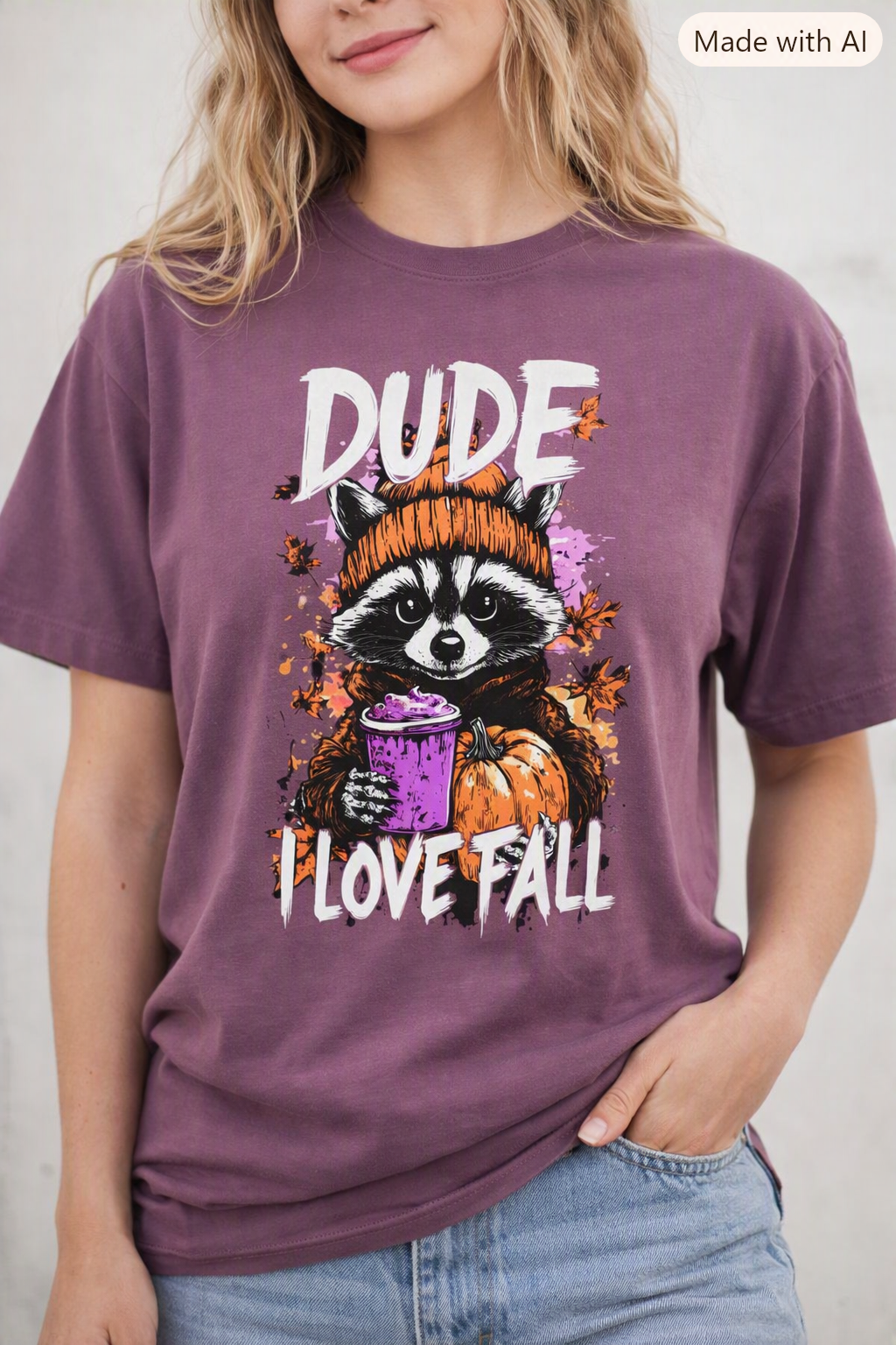 Raccoon with Pumpkin and Coffee Dude I Love Fall T-shirt | Autumn Graphic Tee