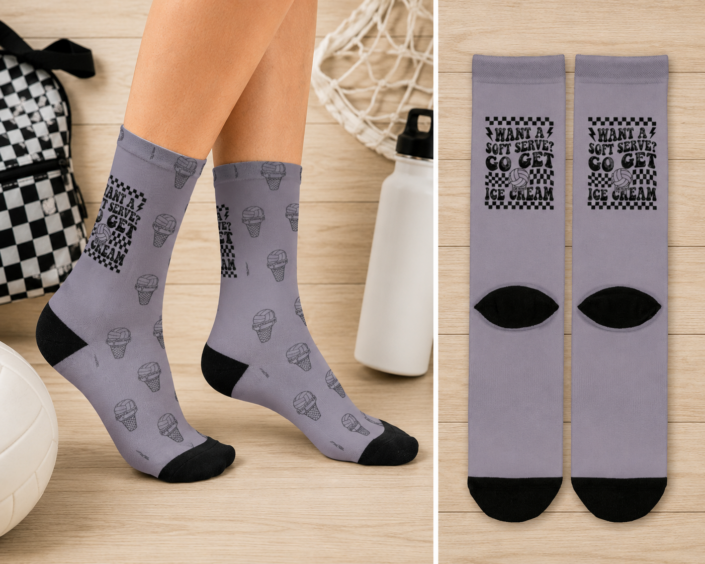 Ice Cream Pattern Crew Socks — "Want a soft serve ? Go Get Ice Cream" Sublimation Socks
