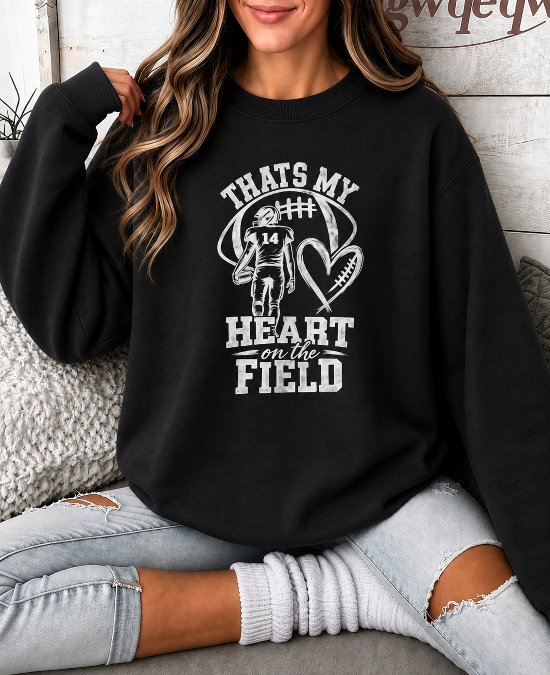 Personlizable Football Crewneck Sweatshirt - "That’s My Heart on the Field" Design