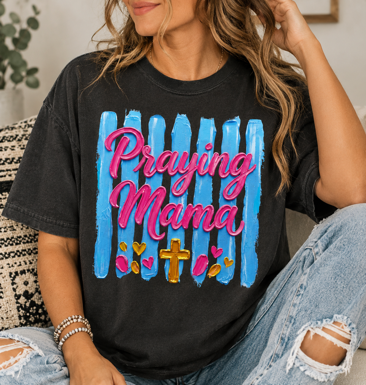 Praying Mama T-shirt | Christian Cross, Hearts, Blue Brushstroke Comfort Colors tee