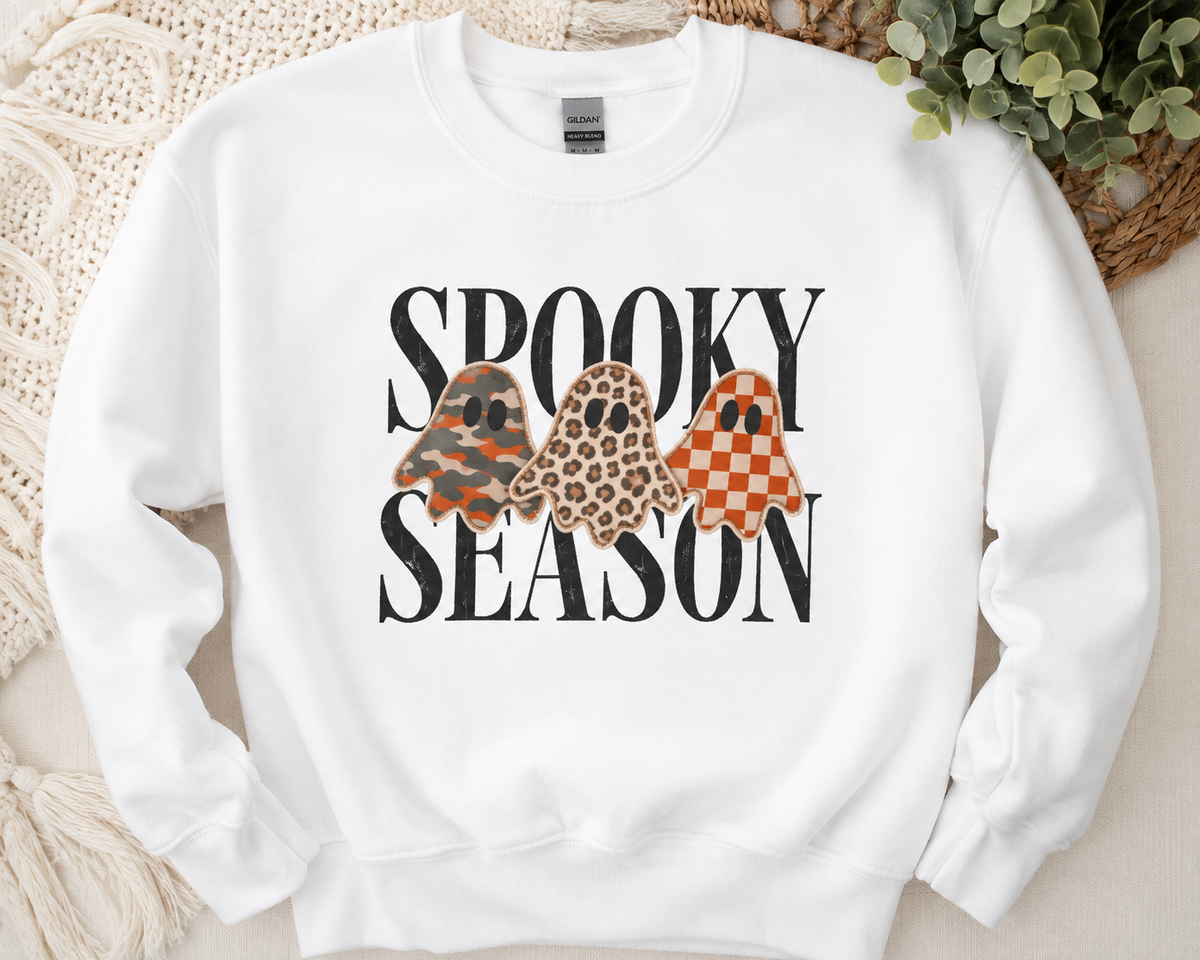 Youth Crewneck Sweatshirt — "Spooky Season" Halloween Ghosts with Leopard & Plaid Accents