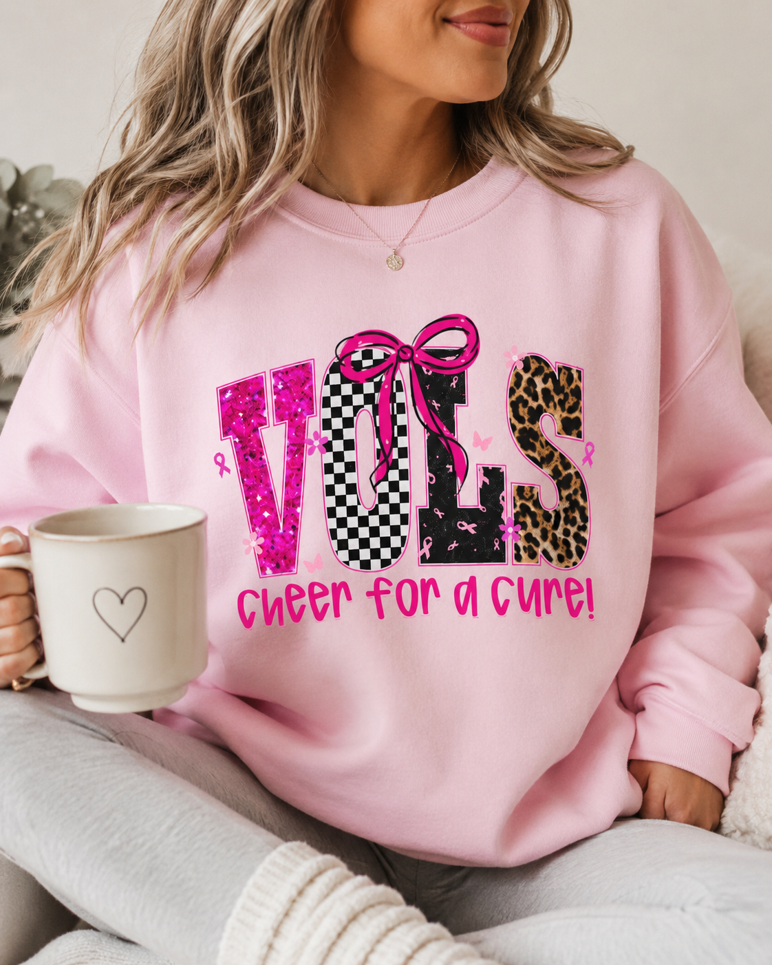 Crewneck Sweatshirt - VOLS Cheer For A Cure Pink Ribbon Leopard & Glitter Design