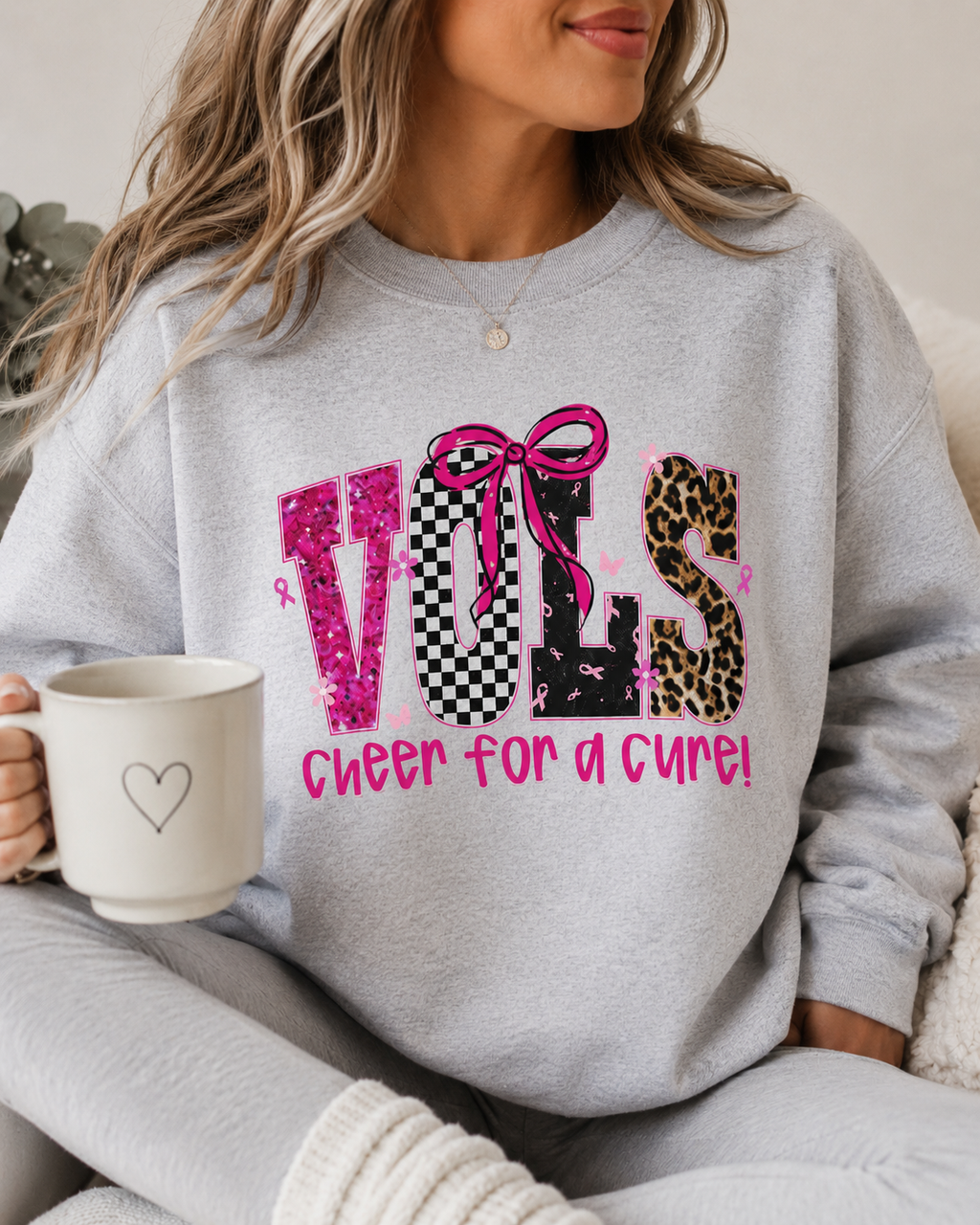 Crewneck Sweatshirt - VOLS Cheer For A Cure Pink Ribbon Leopard & Glitter Design