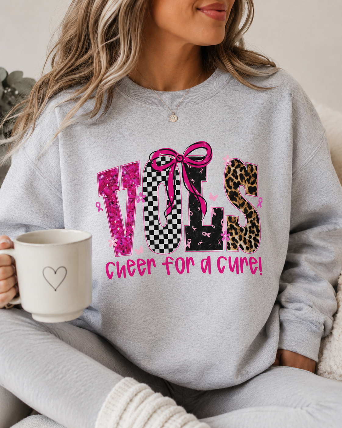 Crewneck Sweatshirt - VOLS Cheer For A Cure Pink Ribbon Leopard & Glitter Design